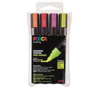 POSCHA 182505 - Marcatore con Punta Tonda Media, Set di 4 Pezzi Neon: Rosso, Rosa, Arancione, Giallo
