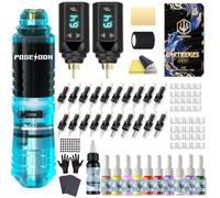 POSEIDON Kit di macchine rotative wireless per tatuaggi, con 20 aghi per cartucce per tatuaggi, set di inchiostro e 2 batterie ricaricabili, pistola professionale portatile per tatuaggi per