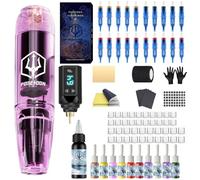 POSEIDON Kit di penne per tatuaggi wireless con batterie a lunga durata e kit di avviamento completo, macchina professionale per tatuaggi senza fili per principianti, include 20 aghi, inchiostri