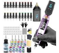 POSEIDON - Kit per macchina per tatuaggi rotanti senza fili con 20 cartucce di aghi,Inchiostri e 2 batterie ricaricabili | Pistola per tatuaggi professionale portatile per principianti | Forniture