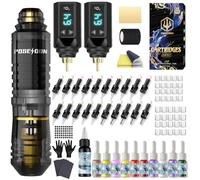 POSEIDON Kit per macchina tatuaggio wireless con 20 aghi per cartucce tatuaggio, set di inchiostro e 2 batterie ricaricabili, set professionale portatile per tatuaggi, set di pistola per tatuaggi per