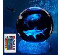 POSSHE Lampada notturna a forma di squalo, con sfera di cristallo 3D, regalo a forma di squalo, con telecomando a 16 colori, sfera da 8,9 cm, decorazione per la stanza, per ragazzi e ragazze, regalo
