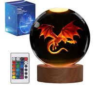 POSSHE Luce notturna a forma di drago, sfera di cristallo 3D da 3,15 pollici (80 mm) con telecomando, 16 colori, per compleanno, Natale, figure cool, regali per la decorazione della stanza, per