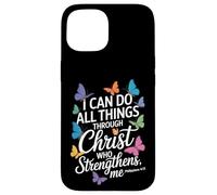 Posso fare tutte le cose attraverso Cristo Farfalla Fede Custodia per iPhone 15