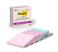 Post-it 100% Recycled Paper Super Sticky Notes, 2X The Sticking Power, 3x3 in, 5 Pads, 70 Sheets/Pad, Wanderlust Pastels Collection (654R-5SSNRP)