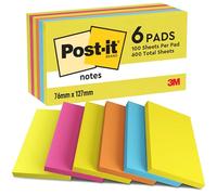 Post-it Foglietti, Collezione Energetic, Confezione da 6 blocchetti, 100 Fogli/blocco, 76mm x 127mm, Colori Giallo, Azzurro, Arancio, Rosa, Verde - Foglietti Adesivi per Appunti, Elenchi & Promemoria