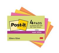 Blocchetti memo Post-it® Super Sticky - 766499 Blocchetti memo 203 X 152 mm di colori assortiti con 45 fogli per blocchetto in confezione da 4 Pz.