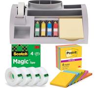 Post-It Organizer da Scrivania - 1x Organizer precaricato con cancelleria e forniture + Nastro Scotch Magic, 4 Rotoli di Note Super Sticky, 6 Blocchi, Giallo, Blu, Verde, Rosa, Arancione