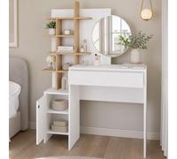 Postazione Make Up con Specchio Rotondo Bianco e Mensole Quercia 105x35x151 cm