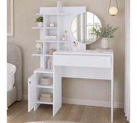 Postazione Make Up con Specchio Rotondo Bianco Tolette con Mensole 105x35x151 cm