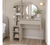 Postazione Make Up con Specchio Rotondo Sabbia Tolette con Mensole 105x35x151 cm