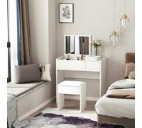 Postazione Trucco con Specchio Richiudibile, Toeletta Trucco Moderno, con Sgabello, Vano Contenitore a 4 Scomparti, MDF Bianco, 80x40x79 cm