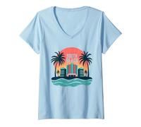 Poster Art Deco con Paradiso Tropicale di South Beach Maglietta con Collo a V, Donna, Celeste, XL