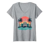 Poster Art Deco con Paradiso Tropicale di South Beach Maglietta con Collo a V, Donna, Grigio Melange, XXL