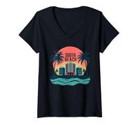 Poster Art Deco con Paradiso Tropicale di South Beach Maglietta con Collo a V, Donna, Nero, M