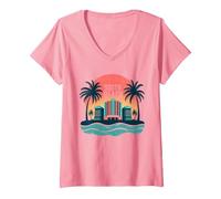 Poster Art Deco con Paradiso Tropicale di South Beach Maglietta con Collo a V, Donna, Rosa, L