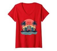 Poster Art Deco con Paradiso Tropicale di South Beach Maglietta con Collo a V, Donna, Rosso, S