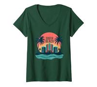 Poster Art Deco con Paradiso Tropicale di South Beach Maglietta con Collo a V, Donna, Verde Foresta, L