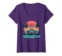 Poster Art Deco con Paradiso Tropicale di South Beach Maglietta con Collo a V, Donna, Viola, L