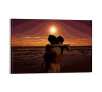 Poster artistico astratto con tramonto sulla spiaggia, estate, amore, coppia romantica che abbraccia, poster arte vintage, arte da parete, decorazione estetica, soggiorno, camera dei bambini