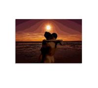 Poster artistico astratto con tramonto sulla spiaggia, estate, amore, coppia romantica che abbraccia, poster arte vintage, arte da parete, decorazione estetica, soggiorno, camera dei bambini