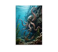 Poster artistico da appendere alla parete con tentacoli meccanici di polpo che avvolgono la catena di ancoraggio di una nave affondata, gli alunni sono ingranaggi rotanti, le alghe ondeggiano intorno