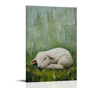 Poster artistico da appendere alla parete, decorazione moderna da appendere, motivo: un agnello delicato immerso in una morbida erba primaverile, la sua lana tamponata in trame a strati di olio su un