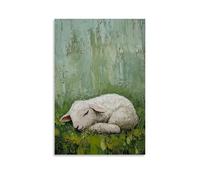 Poster artistico da appendere alla parete, decorazione moderna da appendere, motivo: un agnello delicato immerso in una morbida erba primaverile, la sua lana tamponata in trame a strati di olio su un