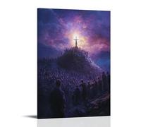 Poster artistico da appendere con Cristo sulla montagna, benedicendo coloro che piangono, mentre la luce si riversa dal cielo e migliaia di persone ascoltano in un silenzio senza fiato. Decorazione
