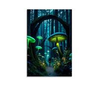 Poster artistico da appendere con una foresta magica con alberi bioluminescenti, funghi luminosi e un sentiero che conduce a un'incursione sconosciuta, decorazione moderna da appendere, 60 x 90 cm