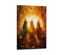 Poster artistico da parete con tre streghe nella foresta autunnale, stampa impressionista con mantelli color foglia di tè, arancione e viola, poster mistico con strega autunnale, decorazione per la