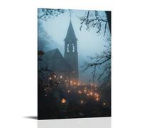 Poster artistico da parete, decorazione moderna da appendere, 50 x 75 cm, motivo: Il campanile delle cappelle sorge attraverso la nebbia mentre gli abitanti del villaggio si riuniscono con le lanterne