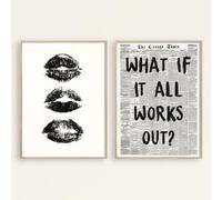 Poster artistico su tela con bacio in bianco e nero e labbra stile preppy, estetica, cosa succederebbe se tutto funzionasse, stampe di giornali retrò, decorazione per la casa (50x70cmx2/tela avvolta)
