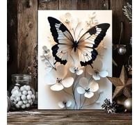 Poster artistico su tela con farfalle e fiori, elegante bianco e nero, texture a strati, per l'arredamento della casa, dipinto artistico da parete unico, 70x100 cm, senza cornice.