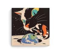 Poster astratto con gattino che mangia un pianeta vintage, tela da parete, decorazione estetica, soggiorno, camera dei bambini, dormitorio, bar, bagno, adatto per camera da letto, palestra, 30 x 30 cm