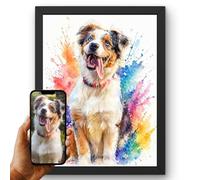 Poster cane acquerello a schizzi personalizzato - Stampe da parete moderne | Fondo bianco pieno e schizzi corallo, arancio, viola, turchese e verdi intorno all'animale