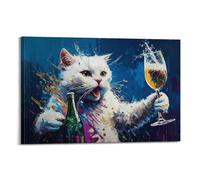 Poster colorato con gatto bianco con calice di vino, per amanti delle bevande alcoliche, grazioso acquerello, con stampa di animali domestici, ritratti di animali, per casa, camera da letto