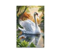 Poster con animali con cigno maestoso, architettura con laghetto tranquillo, paesaggio europeo, su tela, decorativo, per camera da letto, per camera da letto, opera d'arte, 60 x 90 cm