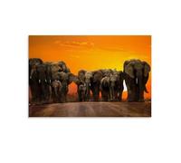 Poster con animali con tramonto sulla strada e elefanti, arte vintage, decorazione da parete, decorazione estetica, soggiorno, camera dei bambini, dormitorio, bar, bagno, adatto per camera da letto
