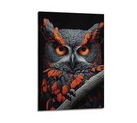 Poster con animali, gufo con piume vibranti, sguardo intenso, cacciatore notturno, colori a contrasto, decorativo, per camera da letto, per camera da letto, opera d'arte 30 x 45 cm
