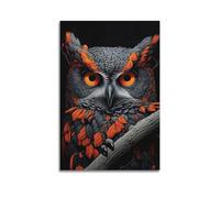 Poster con animali, gufo con piume vibranti, sguardo intenso, cacciatore notturno, colori a contrasto, decorativo, per camera da letto, per camera da letto, opera d'arte (50 x 75 cm)