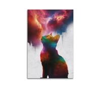 Poster con animali, motivo: arcobaleno, gatto, galassia, surreale, cosmico, sogno, nebulosa, decorativo, su tela, per camera da letto, immagine artistica, 60 x 90 cm