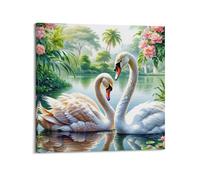 Poster con animali, motivo: cigni muti, lago tropicale, rose rosa, loto, giardino botanico, sereno, decorativo, per camera da letto, opera d'arte, 50 x 50 cm