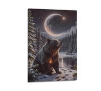 Poster con animali, orso bruno, aurora boreale, notte d'inverno, foresta nordica, decorazione su tela per camera da letto per la famiglia, opera d'arte, 50 x 75 cm