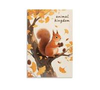Poster con animali, uno scoiattolo seduto su un albero di ginkgo con pigne, con foglie cadute che volano, decorazione da parete alla moda, poster artistico da appendere e murale 30 x 45 cm