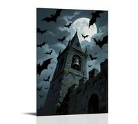 Poster con animali, uno stormo di pipistrelli circonda un antico campanile del castello, la luna oscurata dalle nuvole, decorazione da parete moderna da appendere, stampa artistica murale 50 x 75 cm