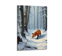 Poster con animali, volpe rossa, pino innevato, bosco, natura, paese delle meraviglie invernale, tela decorativa, per camera da letto di famiglia, opera d'arte, 50 x 75 cm