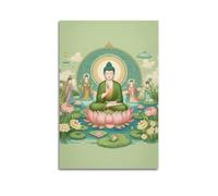 Poster con Buddhismo indiano verde - blu Gongbi Buddha in laghetto di loto, decorazione artistica da parete moderna su tela, 50 x 75 cm, senza cornice