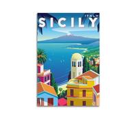 Poster con città Sicilia, vulcano costiero italiano, poster moderno da parete su tela, decorazione artistica da parete, 20 x 30 cm, senza cornice