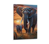 Poster con elefanti africani, tramonto, savana, fauna selvatica, atmosfera serena, decorazione su tela per camera da letto per la famiglia, immagine artistica, 40 x 60 cm
